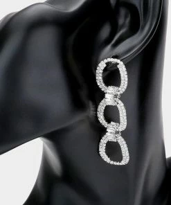 Emprada Accessories Rhinestone Embellished Silver Triple Open Oval Link Earrings