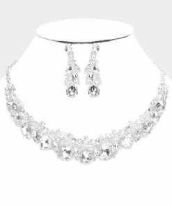 Emprada Multi Stone Silver Cluster Evening Necklace & Earrings Set Accessories