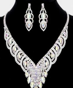 Emprada Marquise Silver Stone Accented Rhinestone Aurora Borealis Necklace & Earrings Set Accessories