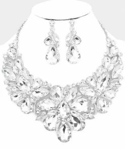 Emprada Accessories Teardrop Crystal Gem Silver Marquise Necklace & Earring Set