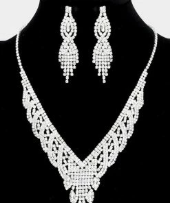 Emprada Accessories Marquise Silver Rhinestone Necklace & Earrings Set