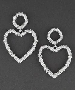 Emprada Textured Silver Heart Drop Earrings