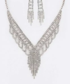 Emprada Rhinestone Silver Tassel Necklace & Earrings Set Accessories
