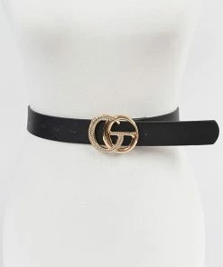 Emprada Accessories Black Rhinestone Double G Buckle Faux Leather Belt
