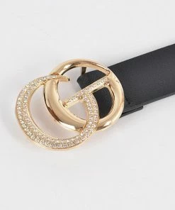 Emprada Accessories Black Rhinestone Double G Buckle Faux Leather Belt