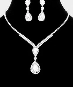 Emprada Accessories Cubic Zirconia Double Teardrop Stone Accented Necklace & Earrings Set