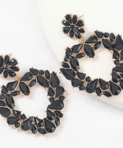 Emprada Crystal Big Heart Black Dangle Earrings