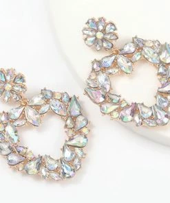 Emprada Crystal Big Heart Gold Multicolor Gem Dangle Earrings