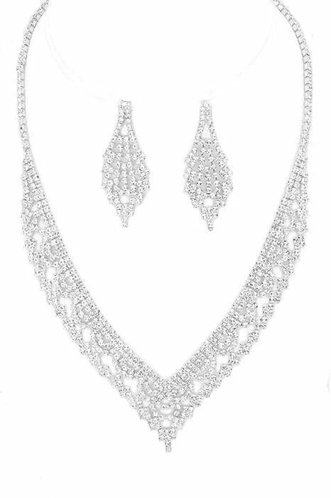 Emprada Rhinestone Silver Pave V Collar Necklace & Earrings Set Accessories 1 Emprada Rhinestone Silver Pave V Collar Necklace & Earrings Set Accessories