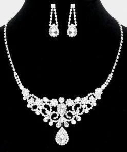 Emprada Teardrop Silver Stone Accented Rhinestone Necklace & Earrings Set Accessories