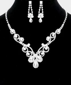 Emprada Accessories Triple Silver Teardrop Accented Rhinestone Necklace