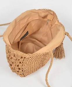 Emprada Accessories Faux Straw Ivory Nude Round Tote Bag
