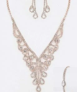 Emprada Accessories Rhinestone Rose Gold Statement Necklace, Earrings & Bracelet Set
