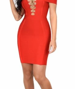 Emprada Frida Red Off Shoulder Gold Chain Criss Cross Bandage Dress Dresses