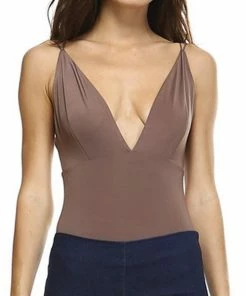 Emprada Tops Mocha Deep V Cross Back Bodysuit