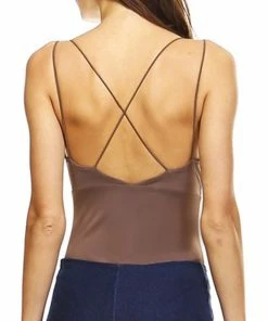 Emprada Tops Mocha Deep V Cross Back Bodysuit