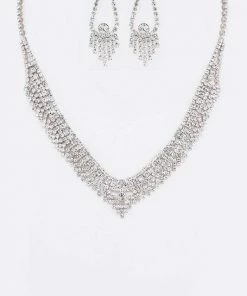 Emprada Accessories Rhinestone Silver Necklace, Earrings & Bracelet Set