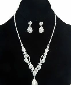 Emprada Teardrop Silver Rhinestone Necklace & Earrings Set Accessories