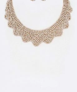 Emprada Accessories Rhinestone Gold Scallop Collar Necklace & Earrings Set