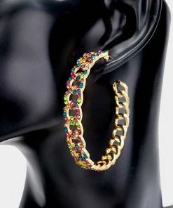Emprada Metal Chain Gold Multi Color Rhinestone Embellished Hoop Earrings Accessories