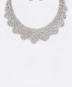Emprada Accessories Rhinestone Silver Scallop Collar Necklace & Earrings Set