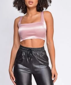 Emprada Sasha Mauve Pink Square Neck Satin Crop Top