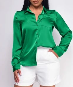 Emprada Tops Braylee Kelly Green Satin Button Down Blouse Top