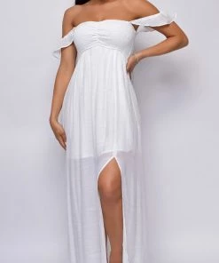 Emprada Lagos White Off Shoulder Boho Smocked Maxi Dress