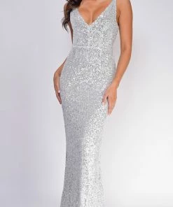 Emprada Cedella Silver V Neck Gown