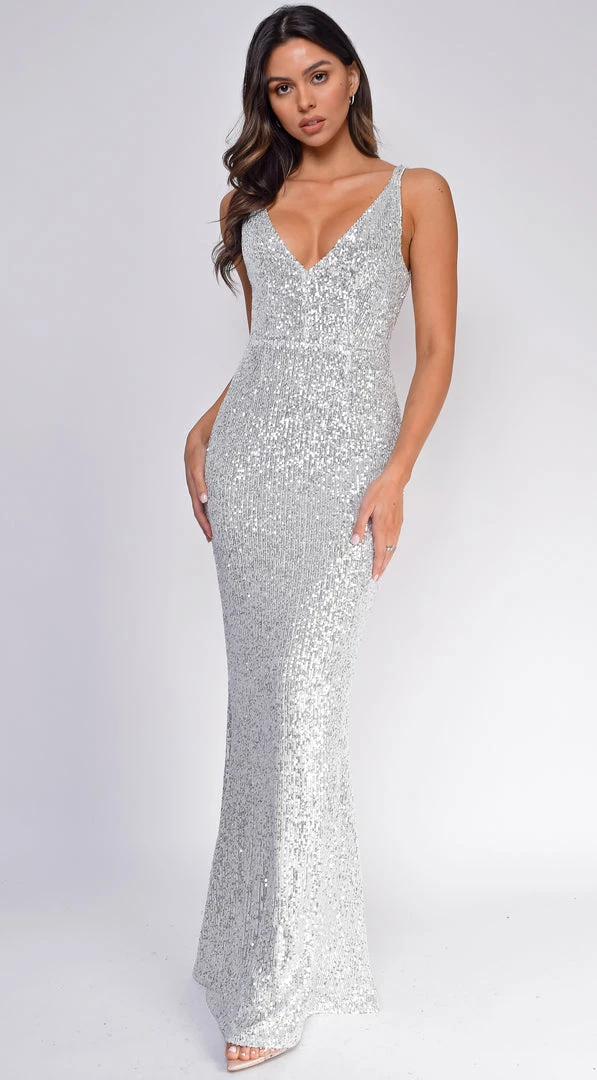 Emprada Cedella Silver V Neck Gown 1 Emprada Cedella Silver V Neck Gown