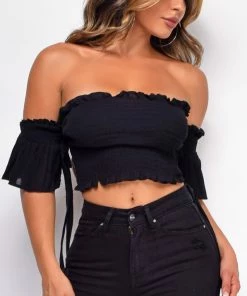 Emprada Waiting For You Black Smocked Off Shoulder Top Tops
