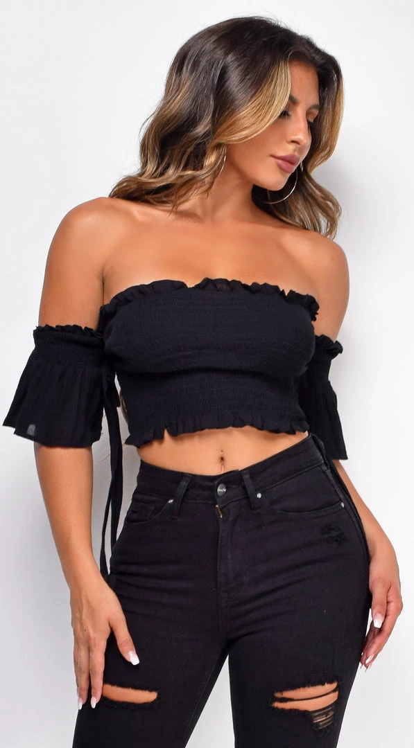 Emprada Waiting For You Black Smocked Off Shoulder Top Tops 1 Emprada Waiting For You Black Smocked Off Shoulder Top Tops