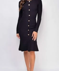 Emprada Dresses Hart Black Button Down Ribbed Midi Dress