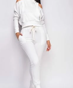 Emprada White Dresses Living In It White Cold Shoulder Hooded Jogger Lounge Set