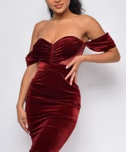 Emprada Nerissa Wine Red Velvet Off Shoulder Dress Dresses 7 Emprada Nerissa Wine Red Velvet Off Shoulder Dress Dresses