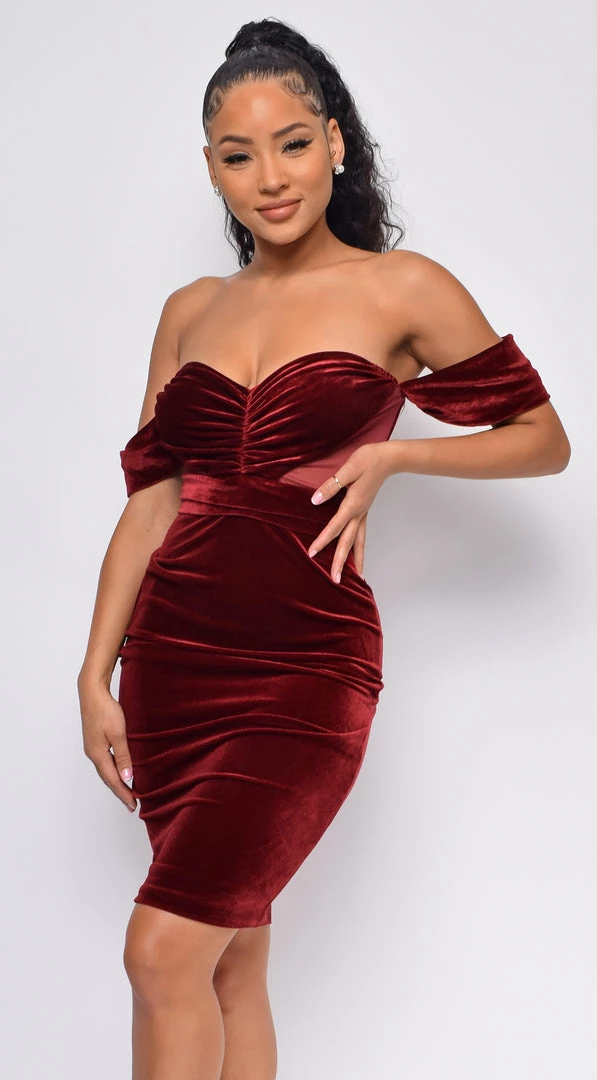 Emprada Nerissa Wine Red Velvet Off Shoulder Dress Dresses 4 Emprada Nerissa Wine Red Velvet Off Shoulder Dress Dresses
