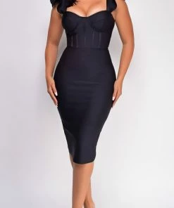 Emprada Aviana Black Corset Ruffle Bandage Midi Dress