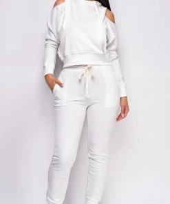 Emprada White Dresses Living In It White Cold Shoulder Hooded Jogger Lounge Set
