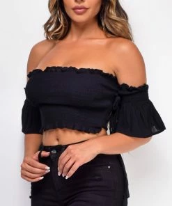 Emprada Waiting For You Black Smocked Off Shoulder Top Tops