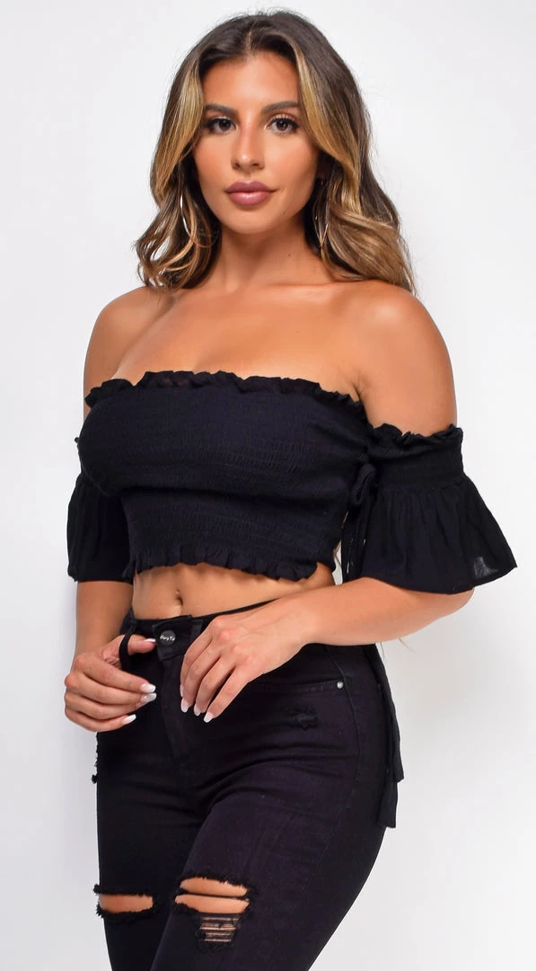 Emprada Waiting For You Black Smocked Off Shoulder Top Tops 2 Emprada Waiting For You Black Smocked Off Shoulder Top Tops