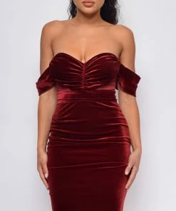 Emprada Nerissa Wine Red Velvet Off Shoulder Dress Dresses 6 Emprada Nerissa Wine Red Velvet Off Shoulder Dress Dresses