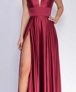 Emprada Dresses Peighton Burgundy Red Double Slit Satin Gown