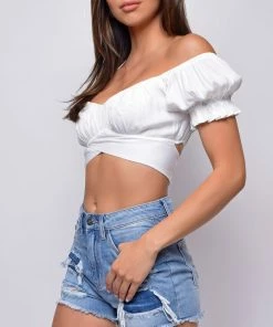 Emprada Tops Isabelle White Satin Off Shoulder Crop Top