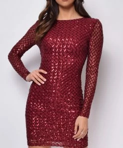 Emprada Kimberly Burgundy Red Sequin Long Sleeve Dress