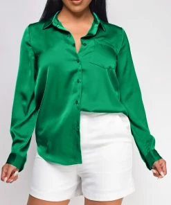 Emprada Tops Braylee Kelly Green Satin Button Down Blouse Top