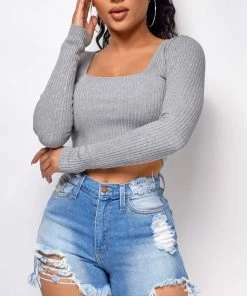 Emprada Tops Asha Grey Square Neck Crop Top
