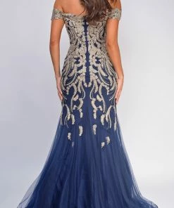 Emprada Arabelle Gold Navy Off Shoulder Mermaid Gown Dresses