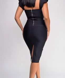 Emprada Aviana Black Corset Ruffle Bandage Midi Dress