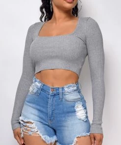 Emprada Tops Asha Grey Square Neck Crop Top