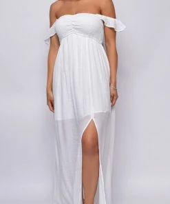 Emprada Lagos White Off Shoulder Boho Smocked Maxi Dress